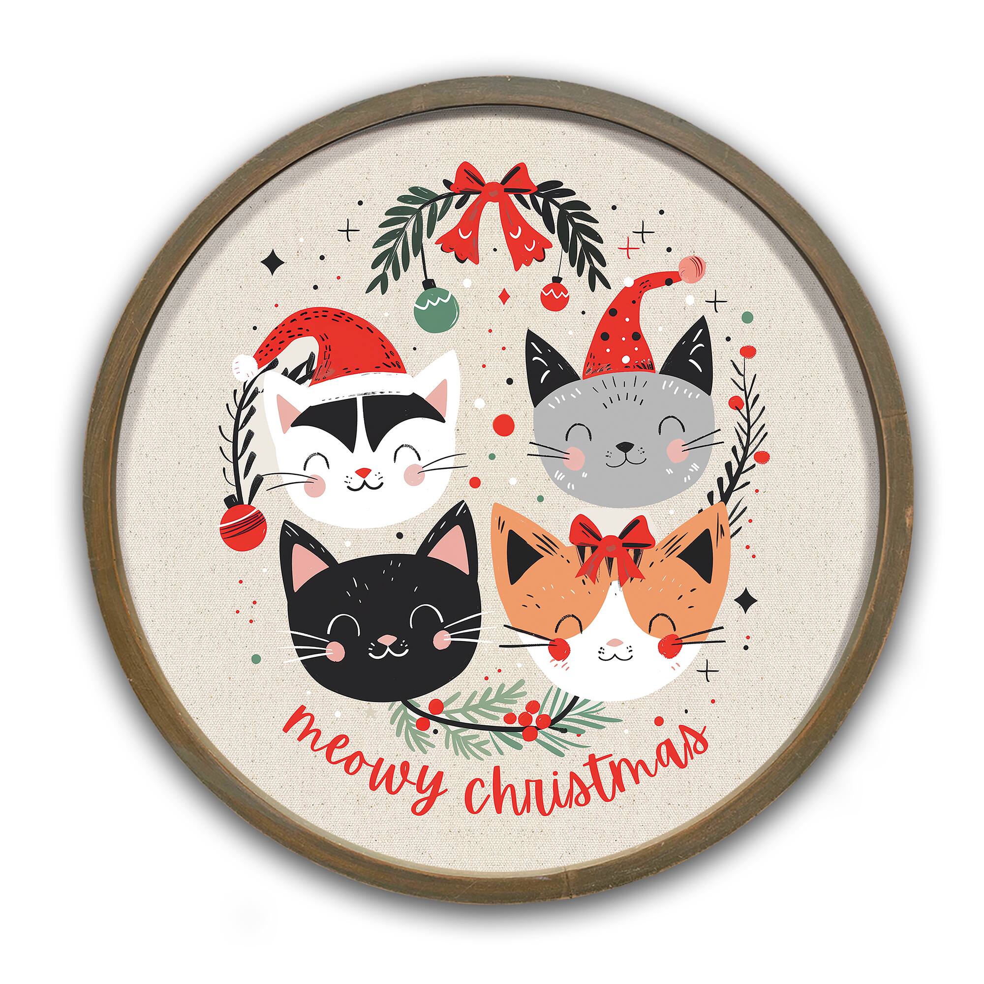 20" Meowy Christmas Round Framed Print